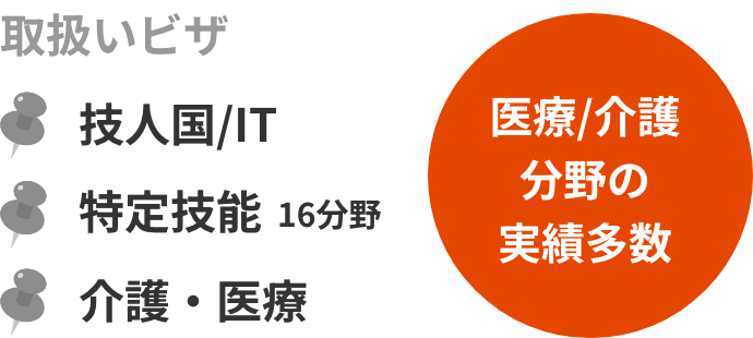 取扱いビザ|技人国/IT|特定技能:16分野|介護・医療|医療/介護分野の実績多数